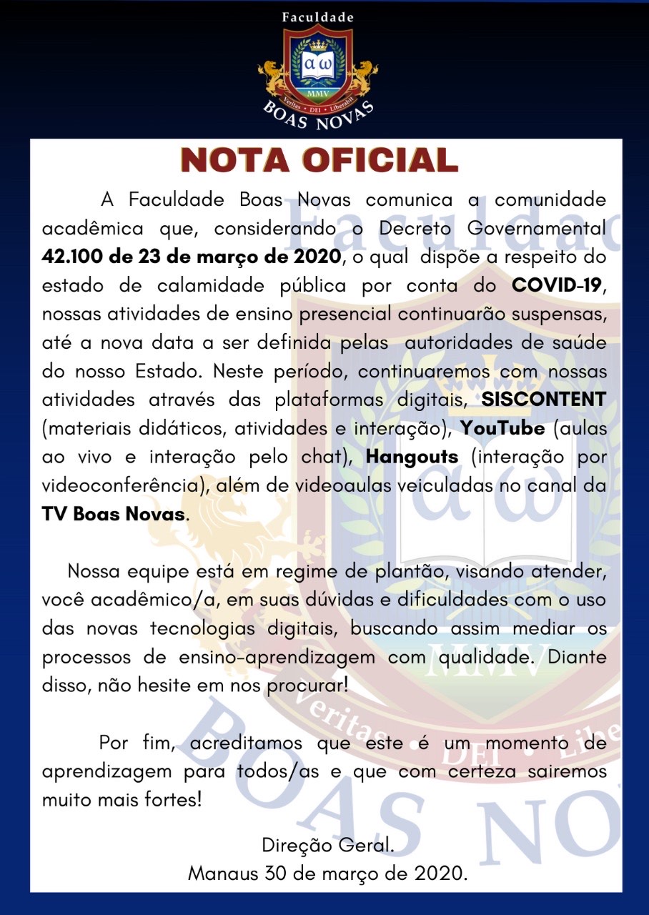 Comunicado sobre suspensão das aulas presenciais devido o coronavírus.